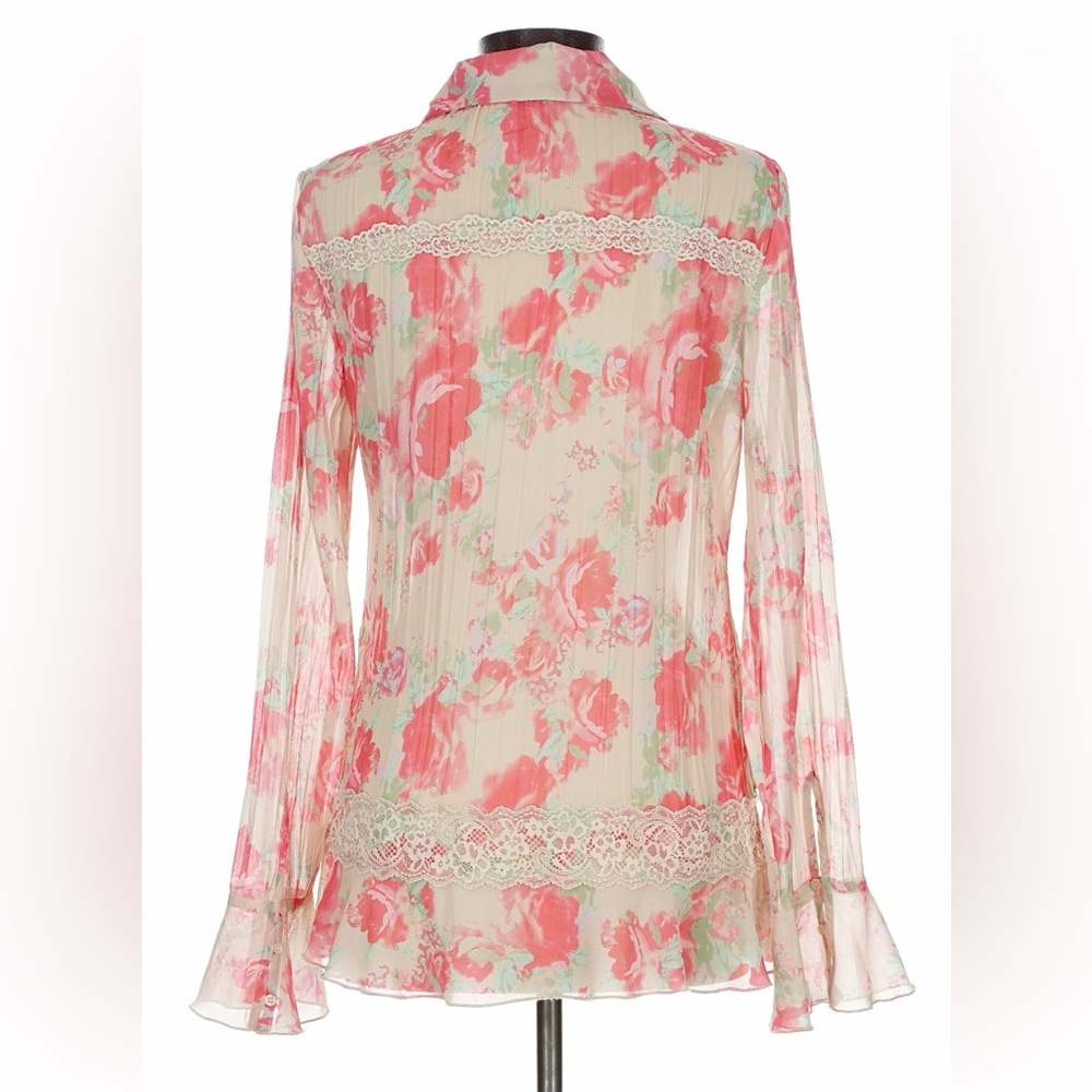 Free People Floral Ruffle Lace Blouse Ivory Pink Pleated Boho Romantic Top - Picture 4 of 9
